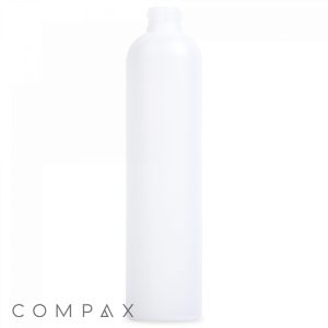 A tall, cylindrical, white plastic bottle with a smooth surface stands upright against a white background. The cap is missing, showing an open neck. The word "COMPAX" is written in small, gray letters at the bottom left corner of the image.