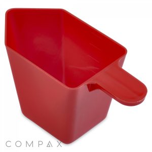 A 4oz Scoop in vibrant red, featuring a rectangular shape, crafted from durable plastic. This scoop includes a pointed spout on one side and a handle on the opposite side, ideal for scooping and pouring dry or powdered substances. The brand "COMPAX" is clearly visible at the bottom left corner of the image.