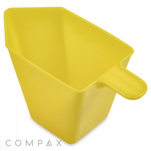 A bright yellow, triangular-shaped plastic scoop with a short handle on one side. The image includes the brand name "COMPAX" in the bottom left corner. This is the 8oz Scoop by COMPAX.