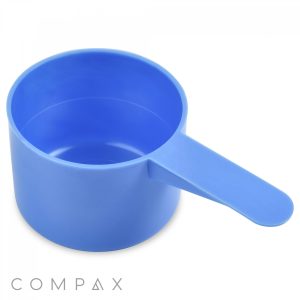 A 50cc Scoop in blue plastic, featuring a handle, shown from a top and slightly angled perspective. The interior of the scoop and the handle are clearly visible. The brand name "COMPAX" is printed at the bottom left corner of the image.