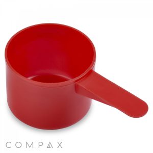 The 53cc Scoop is a red plastic measuring scoop with a handle, ideal for portioning or measuring ingredients. It features a spout on one side for easy pouring, and the brand name "COMPAX" is visible in the bottom left corner of the image.