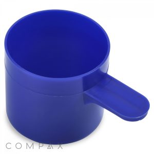 A "4oz Scoop" made of blue plastic with a flat handle is displayed. The scoop has a cylindrical shape without any visible markings or measurements, and the brand name "COMPAX" is subtly printed in light grey text at the bottom left corner.