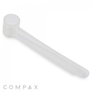 A translucent, white plastic 2.5cc Scoop featuring a narrow handle smoothly extending from a small, circular bowl. The word "COMPAX" is inscribed in gray, uppercase letters at the bottom-left corner of the handle.