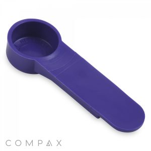 The 1cc Scoop is a blue plastic measuring spoon with a round scoop on one end and a flat handle on the other. The handle features measurement indicators, all set against a plain white background.