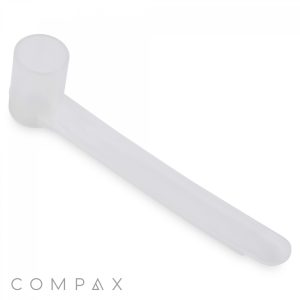 A white plastic 3.5cc Scoop featuring the Compax logo in the bottom left corner. It has a cylindrical scoop at one end and a long, flat handle. The image is set against a plain white background.