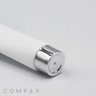Close-up of the end of a white cylindrical object with a polished metal cap, featuring a small circular indentation. The background is plain white, and the word "19mm Screw Top" is visible in the bottom left corner.