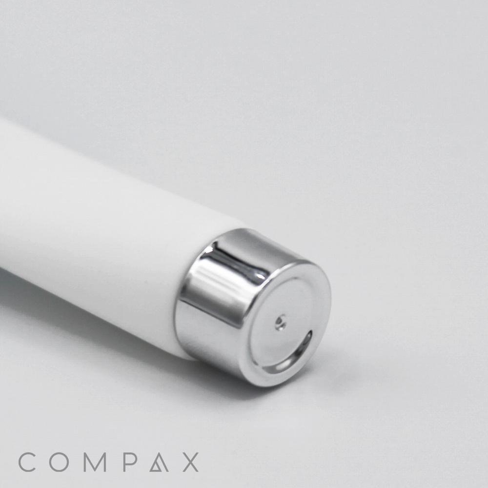 Close-up of the end of a white cylindrical object with a polished metal cap, featuring a small circular indentation. The background is plain white, and the word "19mm Screw Top" is visible in the bottom left corner.