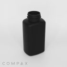 A black, rectangular plastic bottle with a threaded neck, suitable for holding liquids. The bottle is standing upright on a white surface. The word "COMPAX" is faintly visible at the bottom left corner.