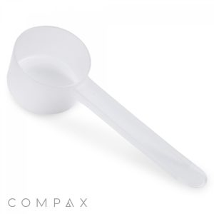 Introducing the 25cc Scoop: a translucent white plastic scoop with a long handle and a round, shallow bowl, perfect for measuring powders or granular materials. The word "COMPAX" is printed in gray on the bottom left corner of the image.