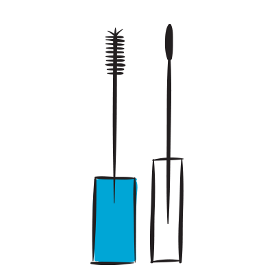 A simple illustration of two mascara wands. The left wand has a thicker, spiral brush, and the right wand has a thin, straight brush. Both brushes are inserted into blue tubes. The image is minimalistic, with black and blue colors.