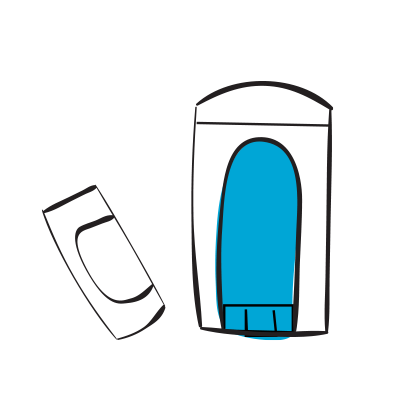 Illustration of a deodorant stick with the cap removed. The body of the deodorant stick is black and its interior portion, containing blue deodorant, is visible.