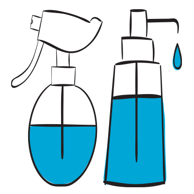 A simple illustration of two containers: one with a spray nozzle on the left and another with a pump dispenser on the right. Both containers are partially filled with blue liquid, and a drop of the liquid is shown dripping from the pump dispenser.