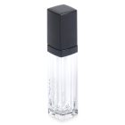 A clear glass Square Lip Gloss container with a black rectangular cap. The container features a sleek, vertical, ridged design and is empty. The cap fits snugly on top, giving the container a modern and elegant appearance. The Square Lip Gloss container is isolated on a white background.