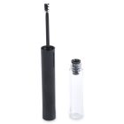 The Round Mascara Bottle, in its sleek black cylindrical design, stands open next to its clear cap, revealing the mascara wand with visible bristles coated in the dark cosmetic product.