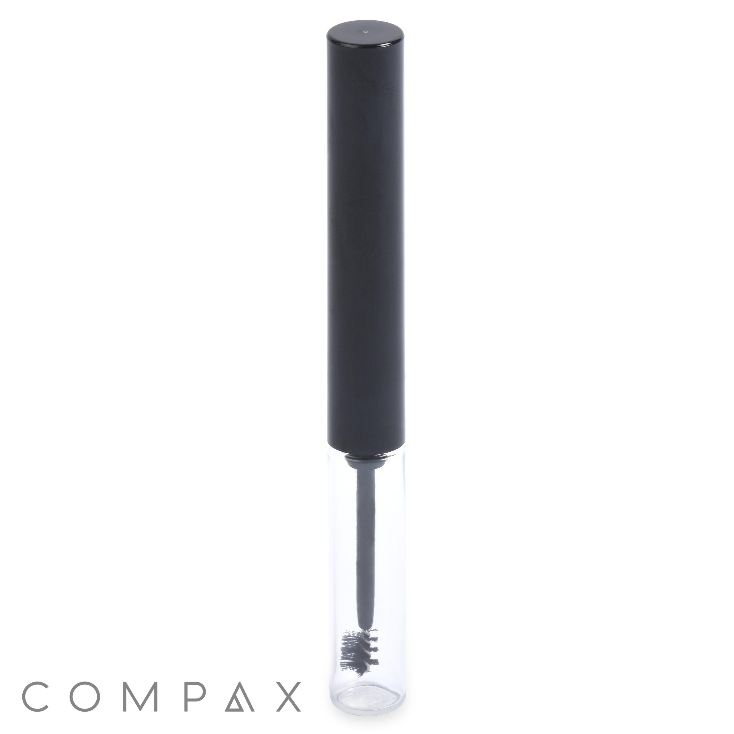 The Round Mascara Bottle features a sleek and minimalist design, consisting of a clear tube with a black cap. Inside, you'll find a mascara wand equipped with a black, bristled brush for precise mascara application.