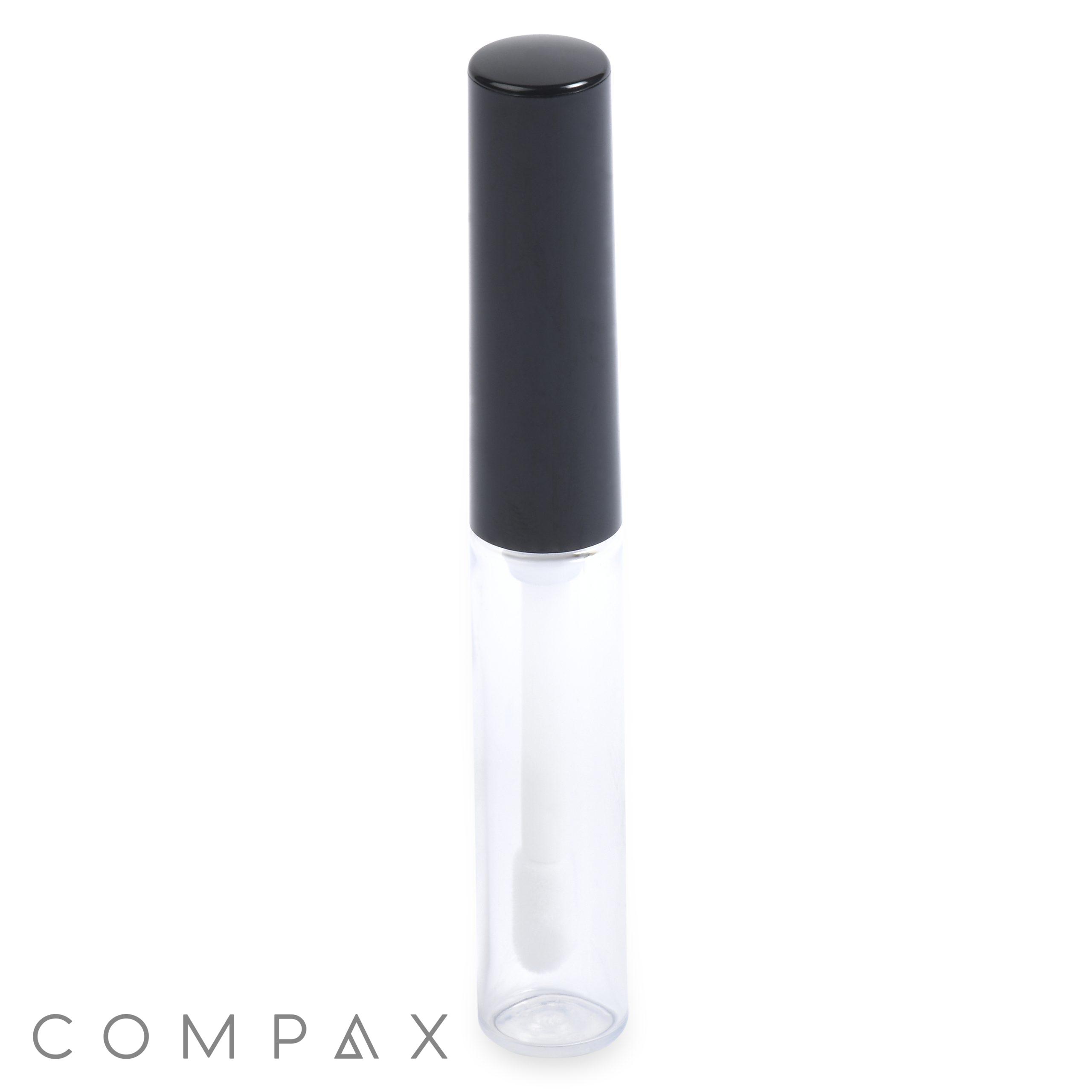 The Round Lip Gloss Bottle features a clear tube with a black cap, allowing you to see the applicator wand through its transparent body.