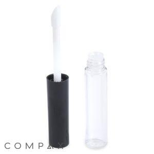 The Round Lip Gloss Bottle, featuring a clear tube and an opened black cap, stands upright beside its empty counterpart. The white applicator wand leans slightly to the left, revealing its gloss-covered tip.