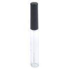The Round Lip Gloss Bottle is a clear, cylindrical tube designed for storing and applying lip gloss or similar cosmetic products. It features a black cap that securely attaches to the tube, keeping it tightly sealed.
