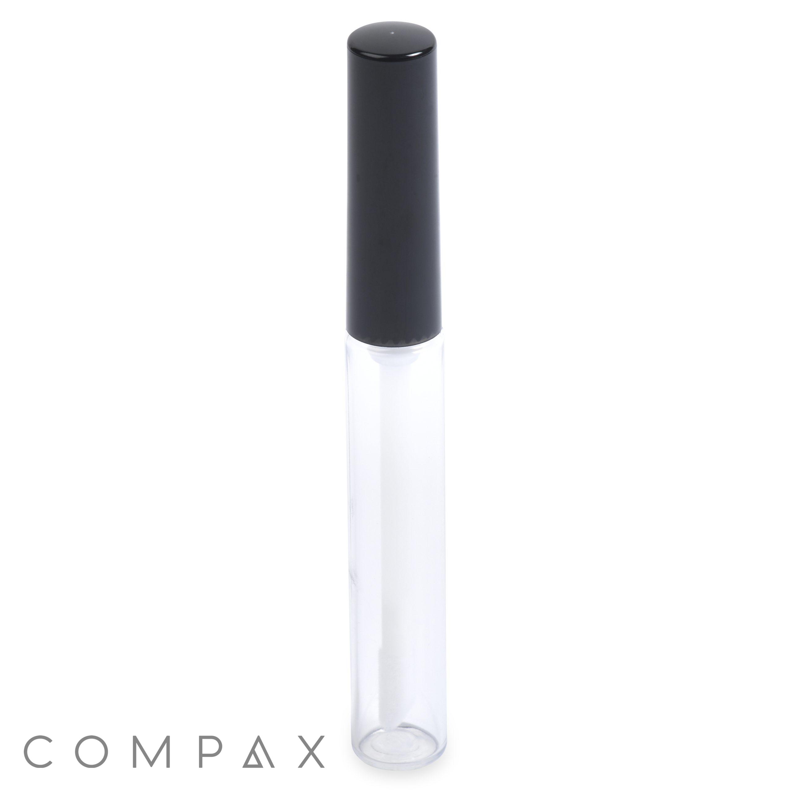 The Round Lip Gloss Bottle is a clear, cylindrical tube designed for storing and applying lip gloss or similar cosmetic products. It features a black cap that securely attaches to the tube, keeping it tightly sealed.