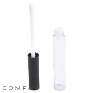 The Round Lip Gloss Bottle features a sleek and modern design, with a transparent tube and a black cap standing beside its open, clear cylindrical container. The white sponge tip of the applicator extends from the attached cap, while the container itself remains empty.