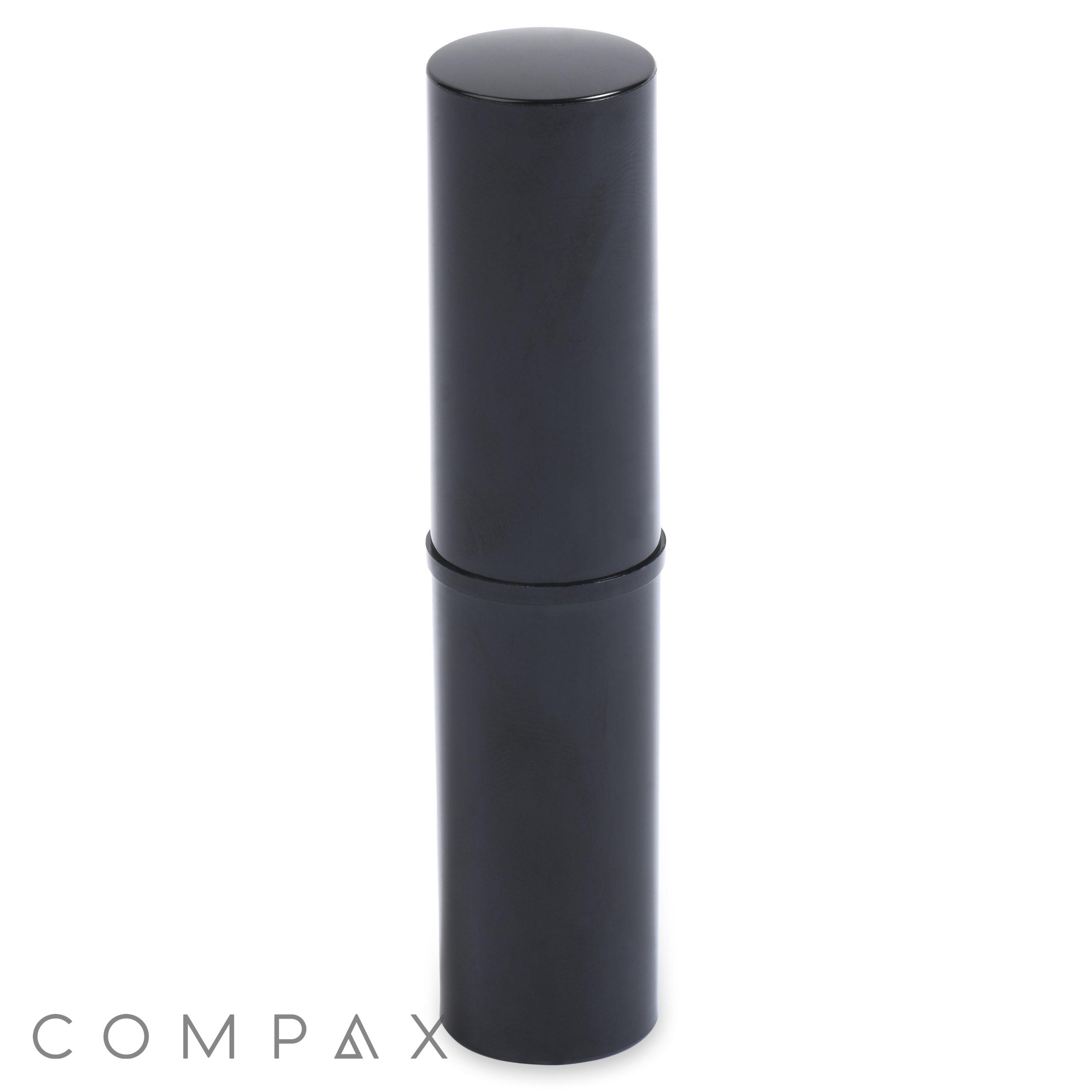 The Round Lipstick, a sleek black cylindrical container with a seamless design, stands upright against a white background. It features a smooth surface and has a slightly tapered section in the middle.