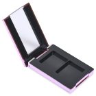 The Double Pan Rectangular Compact, showcasing an open, empty design and a pink metallic finish, is displayed. The inside cover features a mirror, while the basin includes two empty compartments for makeup products.