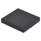 A sleek and minimalist black square compact case, with smooth edges and a subtle latch on the right side. The "4 Well Square Compact with Mirror" is made of a matte material and is shown against a plain white background.