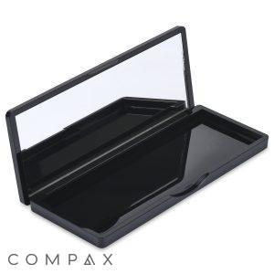 Product Data: A Single Pan Rectangular Compact with Mirror, featuring an open black rectangular design that includes an empty compartment and a large mirror on the inner side of the lid.