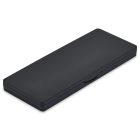 A closed, black Single Pan Rectangular Compact with Mirror featuring a matte finish. The compact is equipped with a small latch on the front, complementing its sleek and minimalist design. Its smooth and unadorned surface suggests a professional or elegant storage solution.