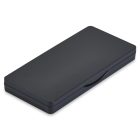 A sleek Single Pan Rectangular Compact with Mirror, featuring a black metal case with rounded corners, closed and lying flat. Its surface is smooth with a subtle glossy finish and has a slight indentation along the opening edge, hinting at a clasp or handle for easy opening.