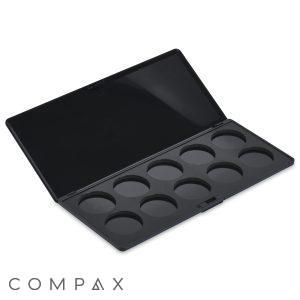 An open black empty makeup palette featuring ten circular slots for eyeshadow pans. This sleek design boasts a glossy lid and a secure latch for closing. The interior slots are evenly spaced, perfectly designed to hold your favorite makeup products.