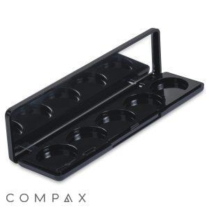 An open black empty makeup palette tray with five rectangular wells, known as the "5 Well Rectangular Compact with Mirror." The inside of the lid contains a long rectangular mirror.