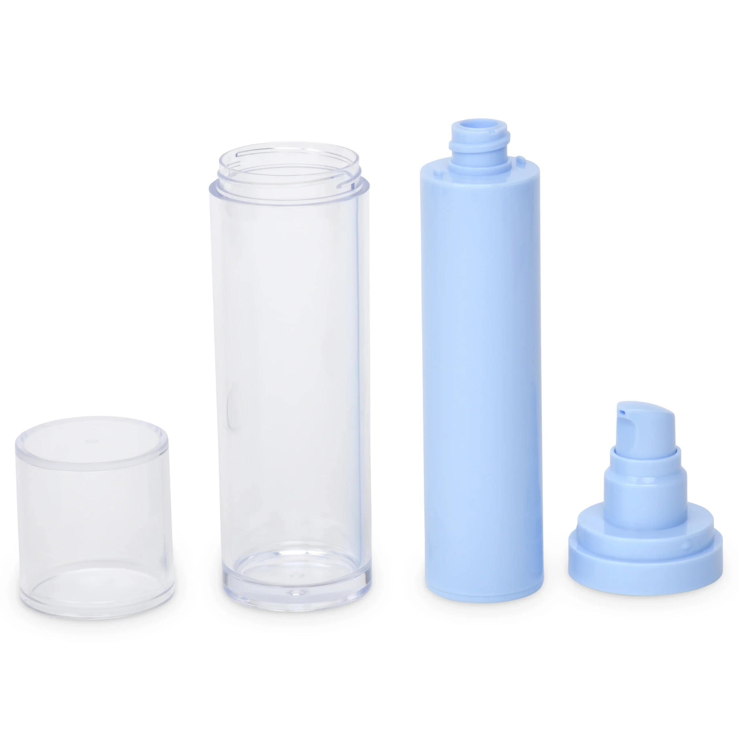 An airless pump bottle deconstructed with the components placed in a line. From right to left there is a clear cap, a clear outer bottle, a light blue inner bottle and a blue dispenser pump top.
