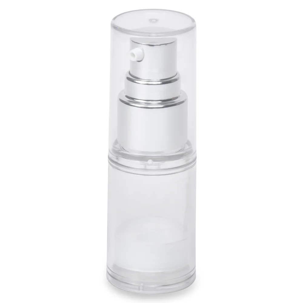 A clear airless pump bottle with a silver pump dispenser and clear lid.