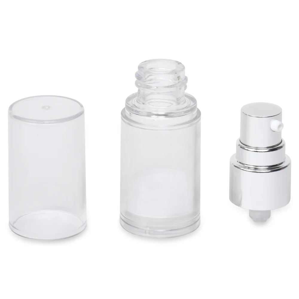 A deconstructed clear plastic airless pump bottle. From right to left the cap, clear bottle and silver pump dispenser are lined up.