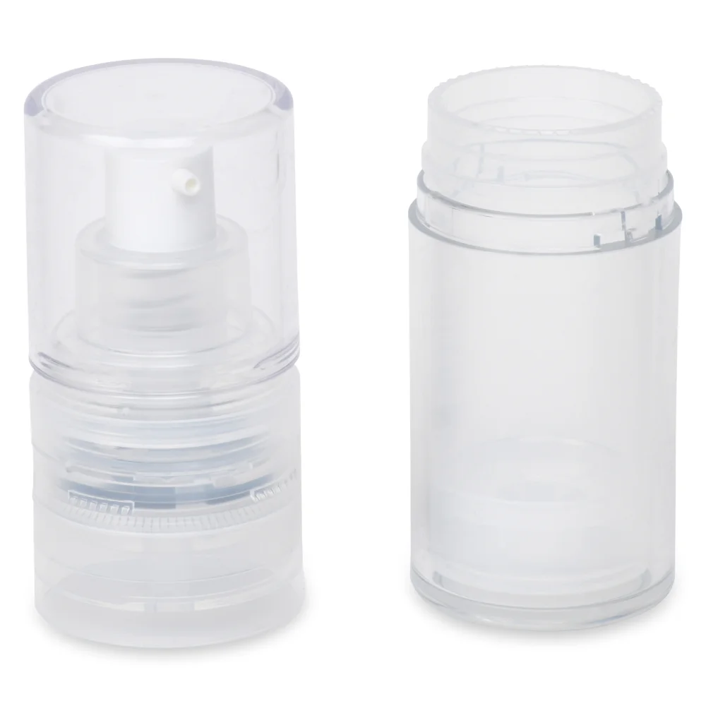 Two clear plastic containers are shown: one with an atomizer spray pump and cap, and the other with an open, cylindrical design. Both have a minimalist, transparent appearance, emphasizing their practical, refillable nature for various liquid applications.