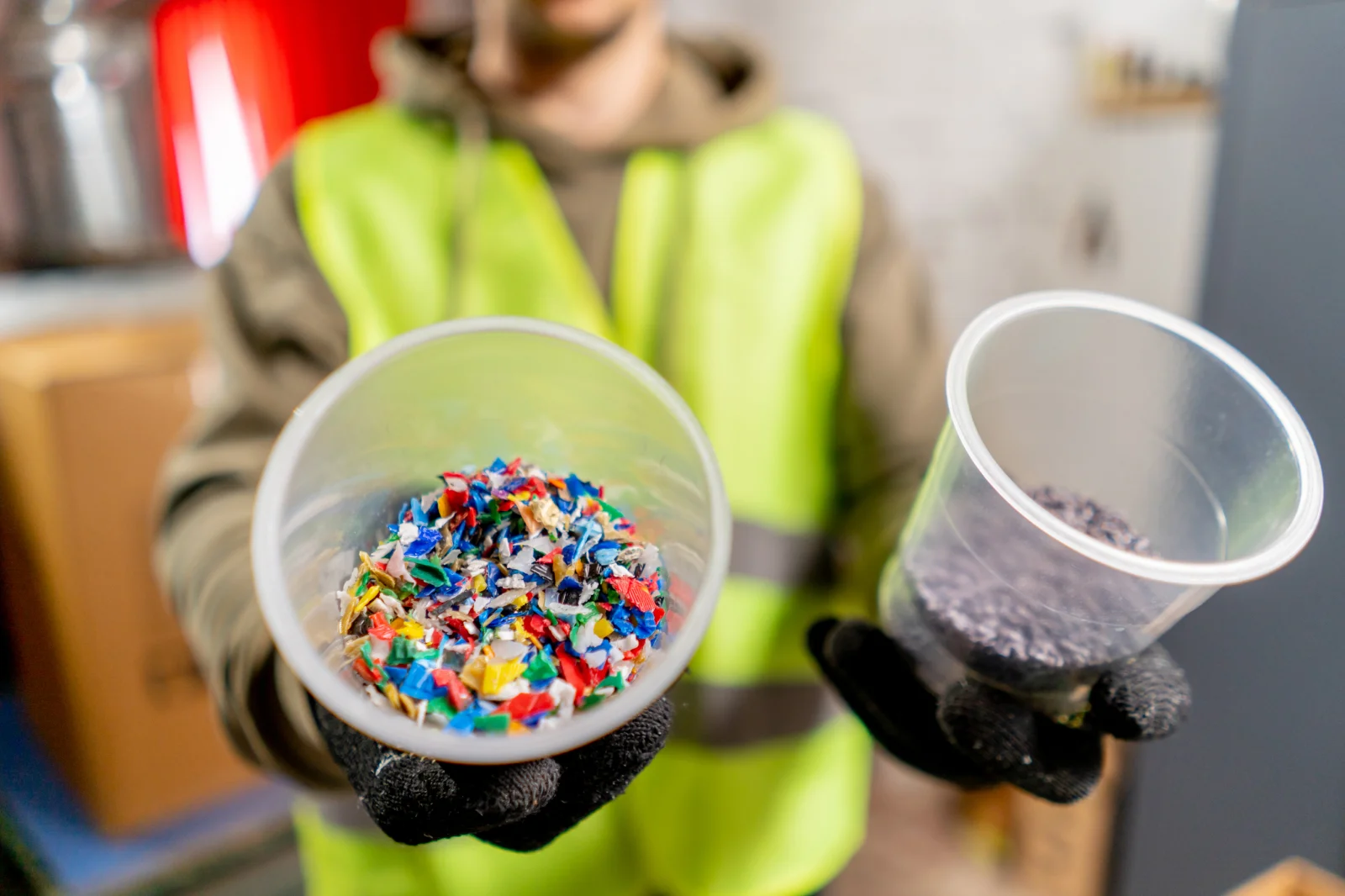 A person wearing a fluorescent green safety vest and black gloves holds two cups towards the camera. One cup contains colorful plastic shreds, while the other contains small black plastic pellets. The background is blurred with industrial elements.