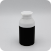 A small black and white plastic bottle with a white screw cap stands against a plain gray background. The bottle has a cylindrical shape, with a black body and a white top section, designed for storing liquids or pills.