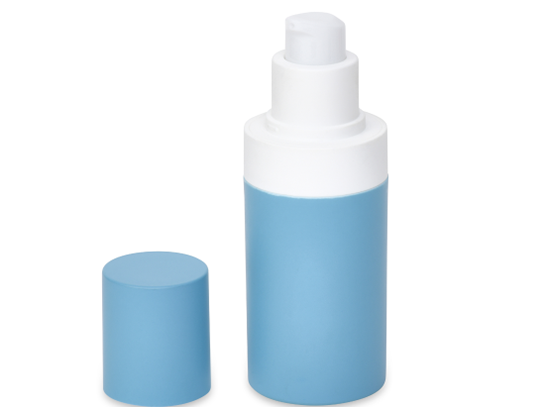 A blue and white plastic pump bottle with a cylindrical shape is shown. The bottle's cap is removed and placed next to it, revealing the pump dispenser on top.