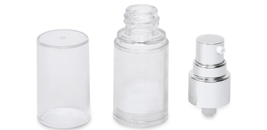 A clear, empty cylindrical plastic bottle with a removable cap and a separate pump dispenser. The bottle, cap, and dispenser are all transparent and placed side by side on a white background.