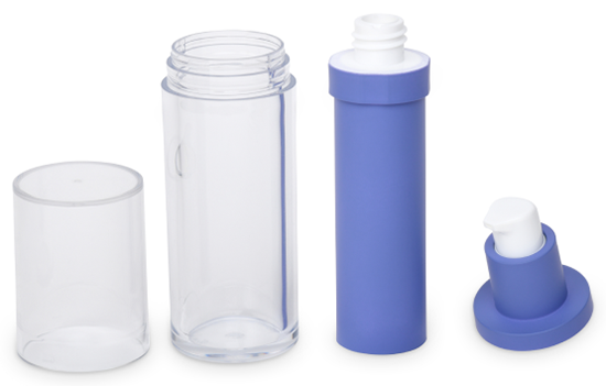 An assembly of a clear cylindrical plastic bottle with its various parts separated. From left to right, there is the clear bottle cap, the clear body of the bottle, a blue cylindrical pump insert, and a blue pump dispenser cap.