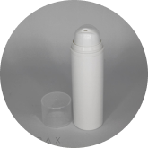 A white pump bottle with its transparent cap placed on the side, shown against a plain gray background. The deodorant is standing upright with the top part exposed.