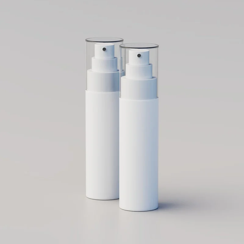 Two white cylindrical spray bottles with transparent caps are standing side by side on a plain, light grey surface. The bottles are sleek and minimalistic, with a smooth and reflective texture. The background is neutral, ensuring focus on the bottles.