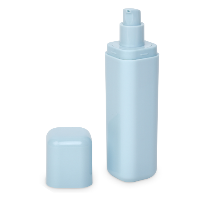 A light blue, rectangular pump bottle with its cap removed. The bottle is standing upright and the cap is placed beside it. The background is plain white.