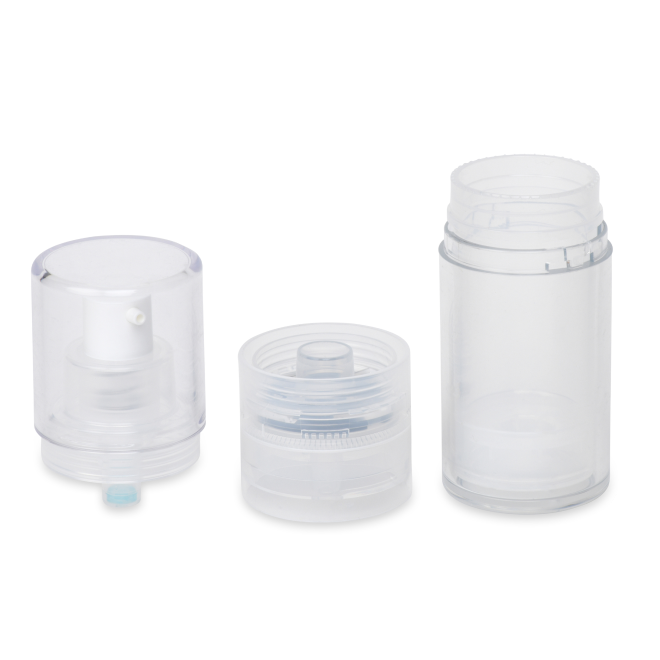 The image shows three transparent plastic containers of different types arranged side by side. From left to right: a pump-top bottle, a screw-top jar with a flip-spout, and a cylindrical tube container. They are displayed against a plain white background.