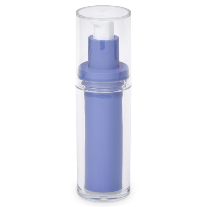 A clear plastic airless pump bottle with a purple inner container, designed for dispensing skincare or cosmetic products. The bottle has a transparent cap covering the pump.