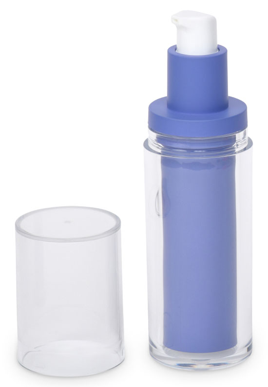 A clear plastic pump bottle with a blue pump component and a clear plastic cap placed beside it. The bottle is intended for dispensing liquids, possibly skincare products or lotion. The design is minimalist and modern.