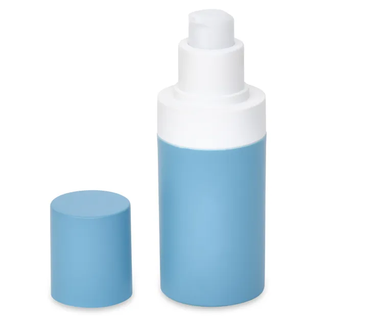 A blue and white plastic bottle with a pump dispenser and a removable cap, designed for holding liquid or gel products. The cap is positioned to the left of the bottle. The background is white.