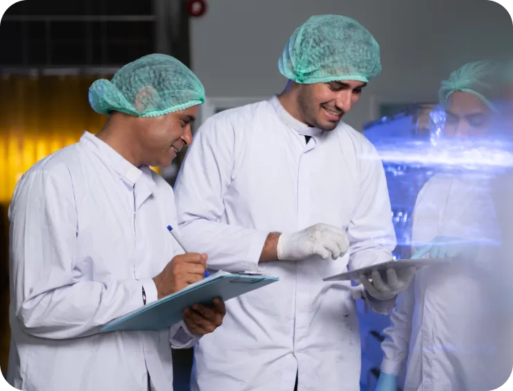 Three individuals, wearing white lab coats, hairnets, and gloves, are engaged in a discussion in a lab setting. Two are holding clipboards, taking notes, while the third is showing something on a tablet. The background is slightly blurred, suggesting a lab environment.