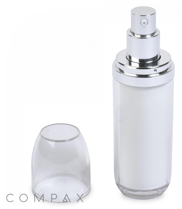 A sleek, cylindrical, white spray bottle with a shiny silver nozzle and collar. The bottle has a clear, dome-shaped cap placed beside it. The word COMPAX is printed at the bottom of the image.